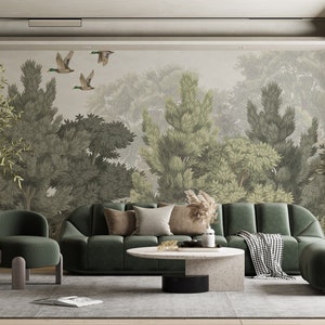 Watercolor Vintage Design Tropical Wallpaper, Forest And Ducks Removable, Customizable Wall Mural