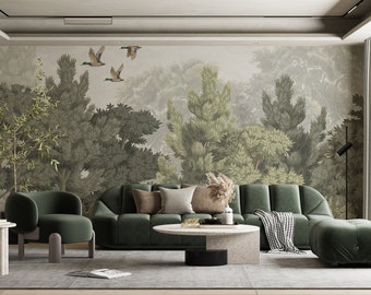 Carta da parati tropicale con design vintage ad acquerello, foresta e anatre, murale rimovibile e personalizzabile