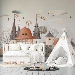Boho Farben Der nordische Stil Kinder Tapete, Wald Wandbild, Schälen und Aufkleben Nordische Haus Tapete, Kinder Tapete im europäischen Stil
