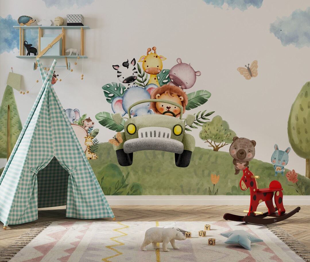 Safari Animals Nursery Peel and Stick Wallpaper, Baby Animal Kids Wall ...