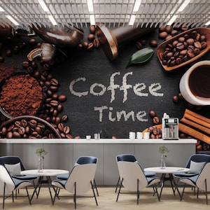 Chicchi di caffè Sfondo scuro Carta da parati murale per caffè, Elegante poster murale per caffetteria, Eleganti murales personalizzabili per caffetteria, Carta da parati per caffetteria