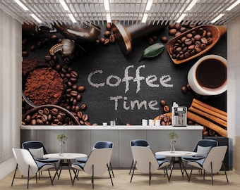 Mural de pared con fondo oscuro de granos de café, murales elegantes para cafeterías, papel tapiz para cafeterías en tamaños personalizados, decoración para cafeterías