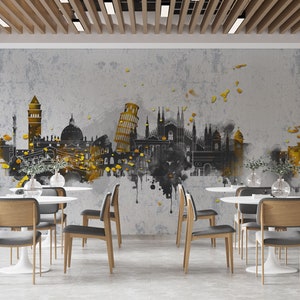 City Look Living Room Wall Mural, City Landscape Drawing Cafe Poster, Cityscape Mural, Coffe Shop Wall Mural, Coffee Shop Wallpaper
