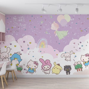 Carta da parati per bambini Sanrio Girl, murale per cameretta dei bambini con simpatici personaggi anime, carta da parati per cameretta per bambine di colore viola, murale per cameretta dei bambini Sanrio