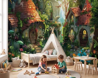 Whimsical Forest Village Removable Wallpaper, Nursery Fairy Tale Woodland Wall Mural