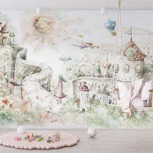 Papel tapiz infantil con diseño de acuarela de castillo de hadas, mural autoadhesivo para habitación infantil, decoración de pared para habitación infantil.