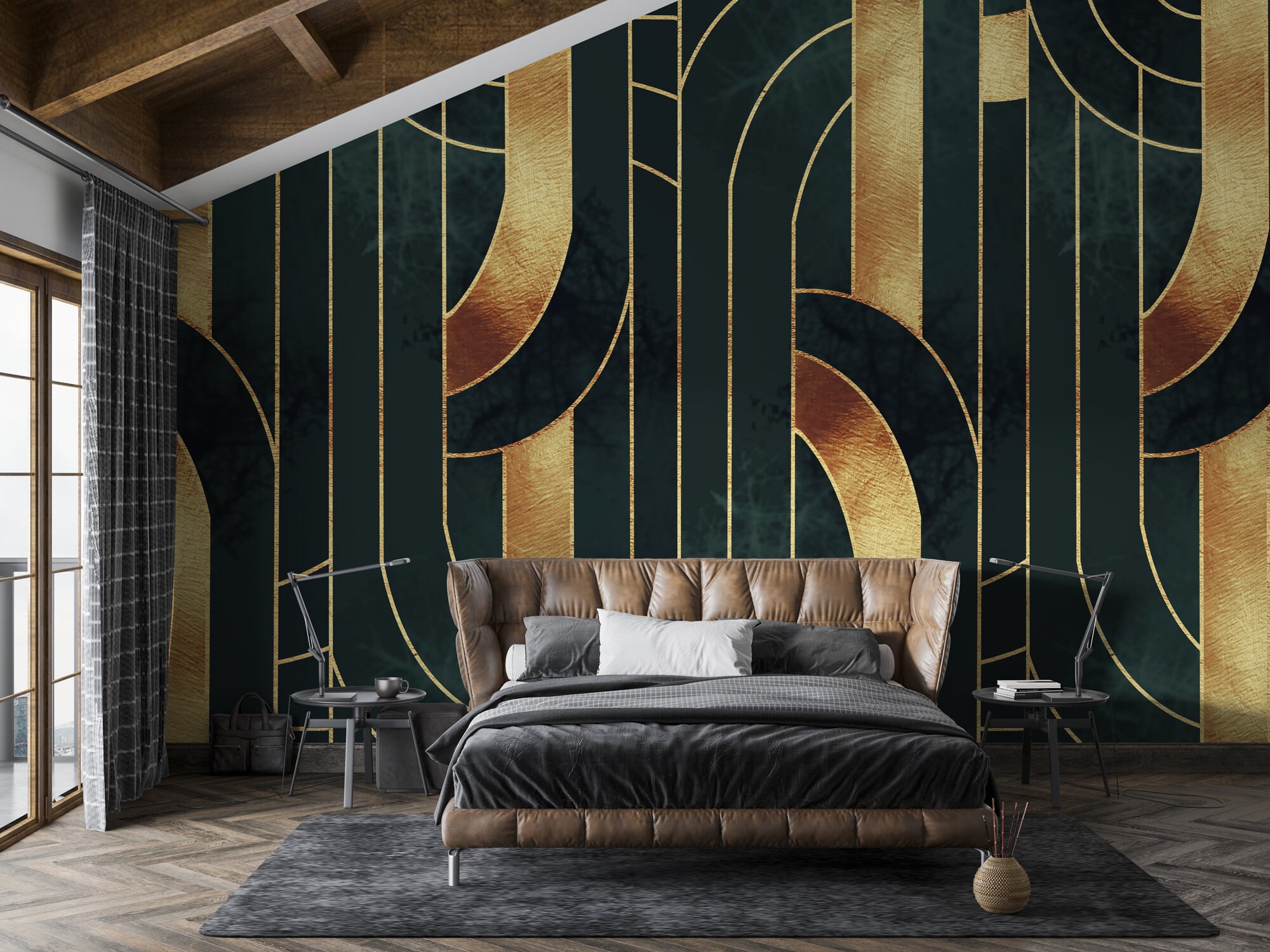 Green Gold Abstract Wallpaper, Modern Wall Decor, Abstract Neutral Gold Tones Wall Art, Geometric Peel and Stick Wall Mural