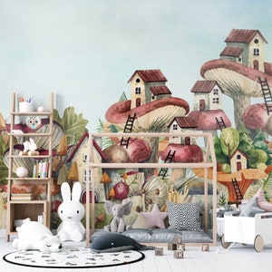 Magische Pilzhäuser Design Kinder Tapete, Märchendorf Kinderzimmer Tapete, Babyzimmer Wandbild Dekor, Kinderzimmer Peel Stick Wandbild