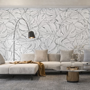 Carta da parati moderna ed elegante con design a foglie in bianco e nero, carta da parati astratta con grandi foglie tropicali di Monstera, da staccare e attaccare, carta da parati decorativa tradizionale