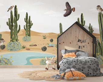 Texas Desert Animals Cactus Nursery Wallpaper, Boho Wall Art Self Adhesive Baby Room Decor, Watercolor Mexican Texas Cactus Kids Wall Mural