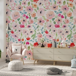 Peony Peel and Stick Wallpaper, Colorful Floral Wall Mural, Watercolor Soft Floral Wallpaper, Peony Blossom Wallpaper, Self Adhesive Papers