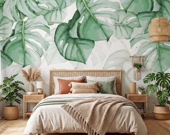 Monstera Leaf Wallpaper Watercolor Jungle Wall Mural Peel Stick Tropical Home Decor