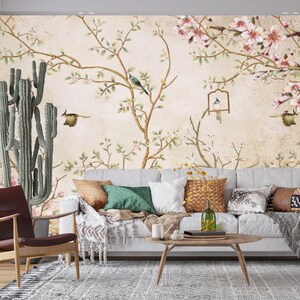 Soft Colors Chinoiserie Flower Wallpaper, Floral Blossom Wall Mural