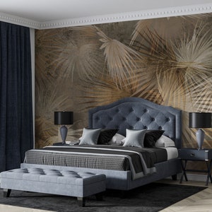 Papel tapiz tropical en tonos beige y marrón, mural de pared con hojas de palmera, mural bohemio para sala de estar, mural tropical moderno para dormitorio.