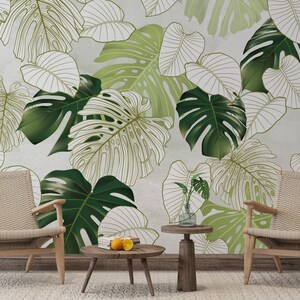 Tropical Monstera Leaves Wallpaper, Botanical Mural, Plants
