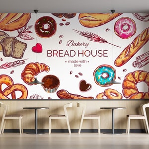 Carta da parati acquerello con ciambelle da forno e caffetteria, murale colorato per cucina, poster per buffet di colazione con ciambelle