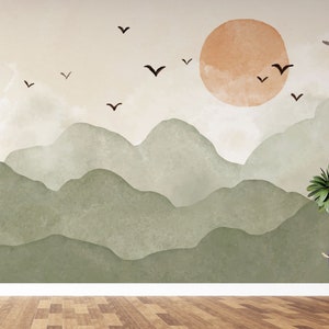 Papel pintado autoadhesivo para guardería de colores bohemios, puesta de sol a través de las montañas con efecto acuarela, mural de pared texturizado para despegar y pegar. imagen 7