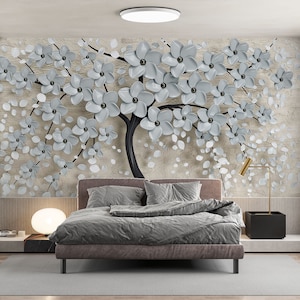 Elegant Gray Tree 3D Wall Mural - Modern Bedroom Decor Wallpaper - 3D Look Tree Floral Wallpaper - Romantic White Flowers Wallpaper Mural