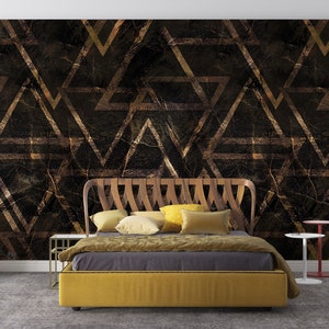 Dark Colors Geometric Wallpaper, Gold Color Abstract Geometric Wall Mural, Geometric Pattern Vintage View Peel and Stick Wallpaper Mural