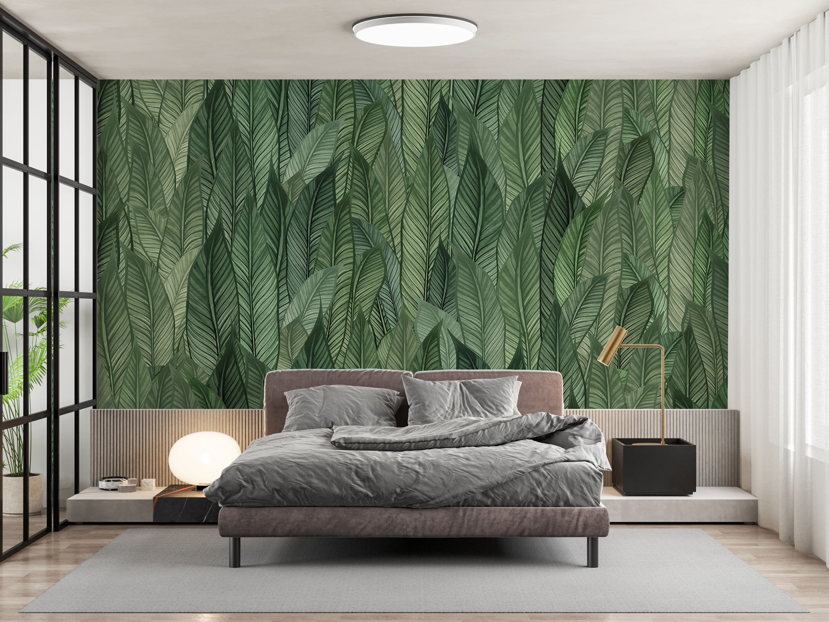 Watercolor Tropical Leaf Mural, Green Banana Leaves Peel Stick ...