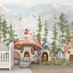 Carta da parati per bambini con design ad acquerello "Foresta Magica", casette nella foresta delle fate, murale autoadesivo e rimovibile, murale per bambini con casette a forma di fungo e albero delle fate