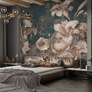 Vintage View Peel and Stick Ivy Wall Mural, Leaves Branches Wall Mural, Flowers Self Adhesive Wallpaper, Vintage Looking Floral Wall Mural