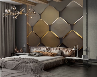 Custom Sizes 3D Perceptive Modern Abstract Living Room Wall Decor, 3D Gold View Geometric Pattern Wallpaper, Office Peel And Stick Wallpaper