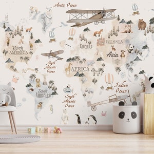 Boho Beige Farben Weltkarte Kinder Tapete, Schälen und Aufkleben Heißluftballons, Selbstklebende Kinderzimmer Tapete, Tiere Kinderzimmer Wandbilder