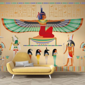 Carta da parati con mitologia dell'antico Egitto, murale con papiro antico, murale con geroglifici, murale con storia mitologica egizia da staccare e attaccare