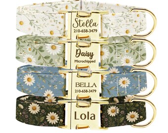 Personalized Daisy Dog Collar, Custom Gold Buckle Floral Pet Collar
