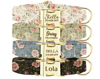 Personalized Rose Dog Collar, Custom Gold Buckle Vintage Floral Pet Collar