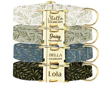 Personalized Leaf Dog Collar, Custom Gold Buckle Botanical Pet Collar