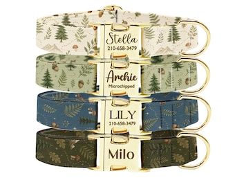 Personalized Forest Dog Collar, Custom Gold Buckle Woodland Pet Collar