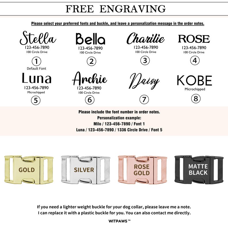 May include: Image showcasing font options for personalized dog collars, including Stella, Bella, and Charilie. Also features gold, silver, rose gold, and matte black buckle options. Text reads "FREE ENGRAVING".