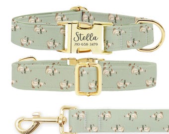 Personalized Dog Collar Leash Set: Engraved Metal Buckle, Silk-Like Webbing
