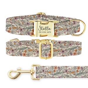 Personalized Daisy Floral Dog Collar Leash Set: Engraved Metal Buckle