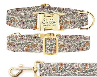 Personalized Daisy Floral Dog Collar Leash Set: Engraved Metal Buckle