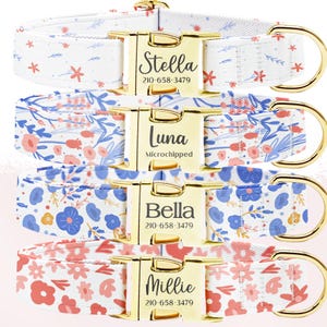 Personalized Dog Collar, Customized Engraved Metal Buckle, Dog Collar Leash Set, Custom Pet Gift, Custom Name+Phone, Flower Dog Collar