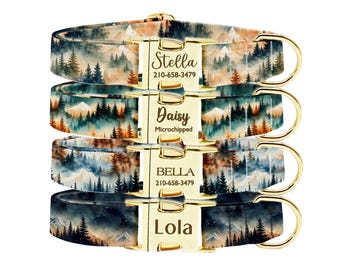 Personalized Mountain Dog Collar, Custom Forest Design, Gold ID Buckle Collar