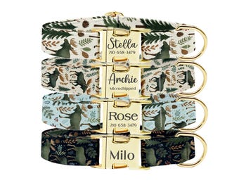 Personalized Pet Collar, Engraved Gold Buckle, Woodland Moose Dog Cat ID Collar