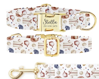 Personalized Baseball Dog Collar Leash Set: Engraved Metal Buckle, Custom Pet ID