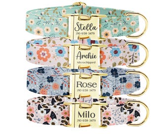 Personalized Spring Flower Dog Collar Leash Set: Engraved Buckle, Custom Pet ID