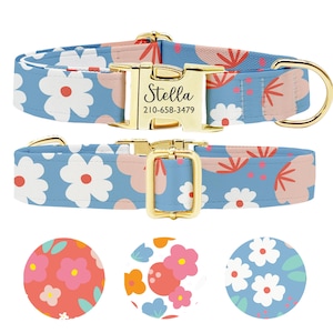 Personalized Floral Dog Collar: Engraved Buckle, Custom Pet ID