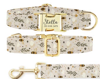 Personalized Bumble Bee Dog Collar Leash Set: Engraved Metal Buckle