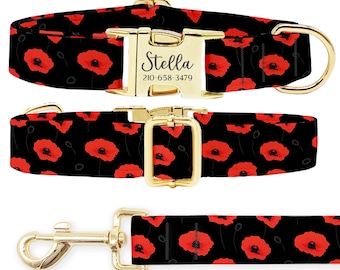 Personalized Poppy Floral Dog Collar Leash Set: Engraved Buckle
