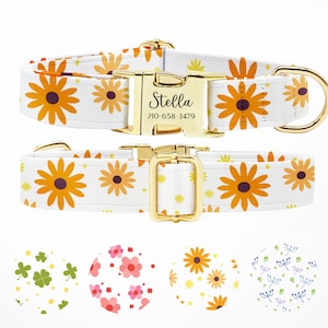 Personalized Dog Collar, Customized Engraved Metal Buckle, Dog Collar Leash Set, Custom Pet Gift, Custom Name+Phone, Floral Dog Collar