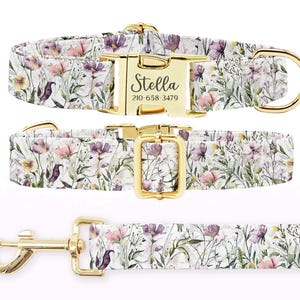 Personalized Dog Collar Leash Set: Engraved Buckle, Purple Wildflowers