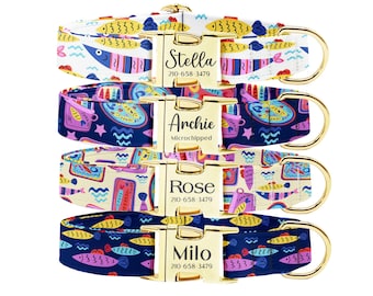 Conjunto personalizado de coleira e guia para cães com estampa de sardinha: fivela gravada, identificação personalizada para o seu pet.