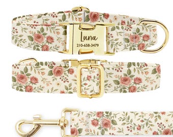 Personalized Rose Dog Collar and Leash Set, Custom Gold Buckle Floral Collar