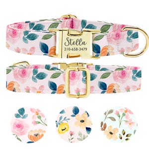 Personalized Floral Dog Collar: Engraved Buckle, Custom Pet Gift